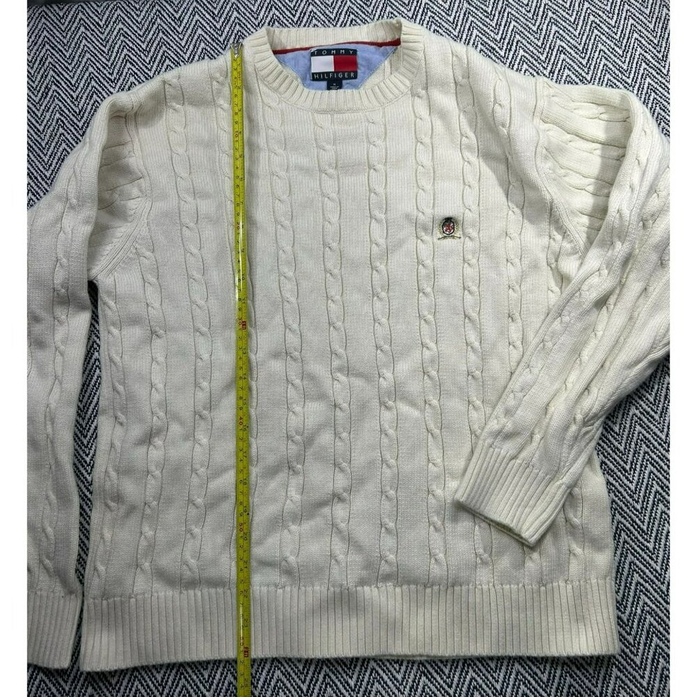 Tommy Hilfiger Cable Knit Ivory Sweater Men's M VTG 90s Y2K Cotton Crewneck